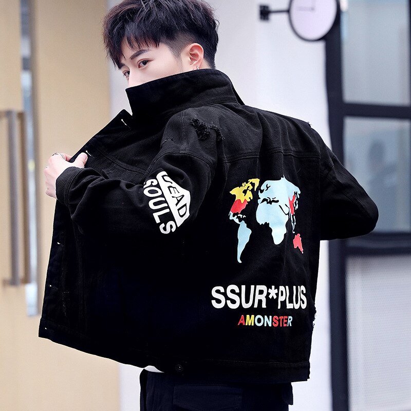 Jeansjacka herr koreansk trendig vinter retro smal vår höst broderi tiggare sliten hål tunn jacka