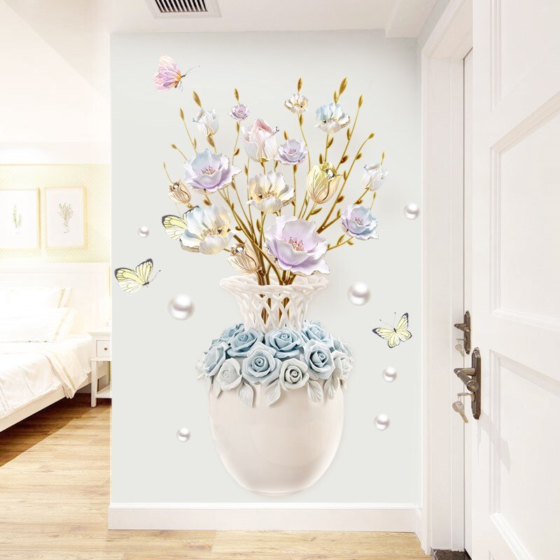 Vase Flowers wall Stickers Bedroom Living Room Decoration Large Vinyl Flower 3d Wall Sticker Porch Wall Decor Decals Wallpaper