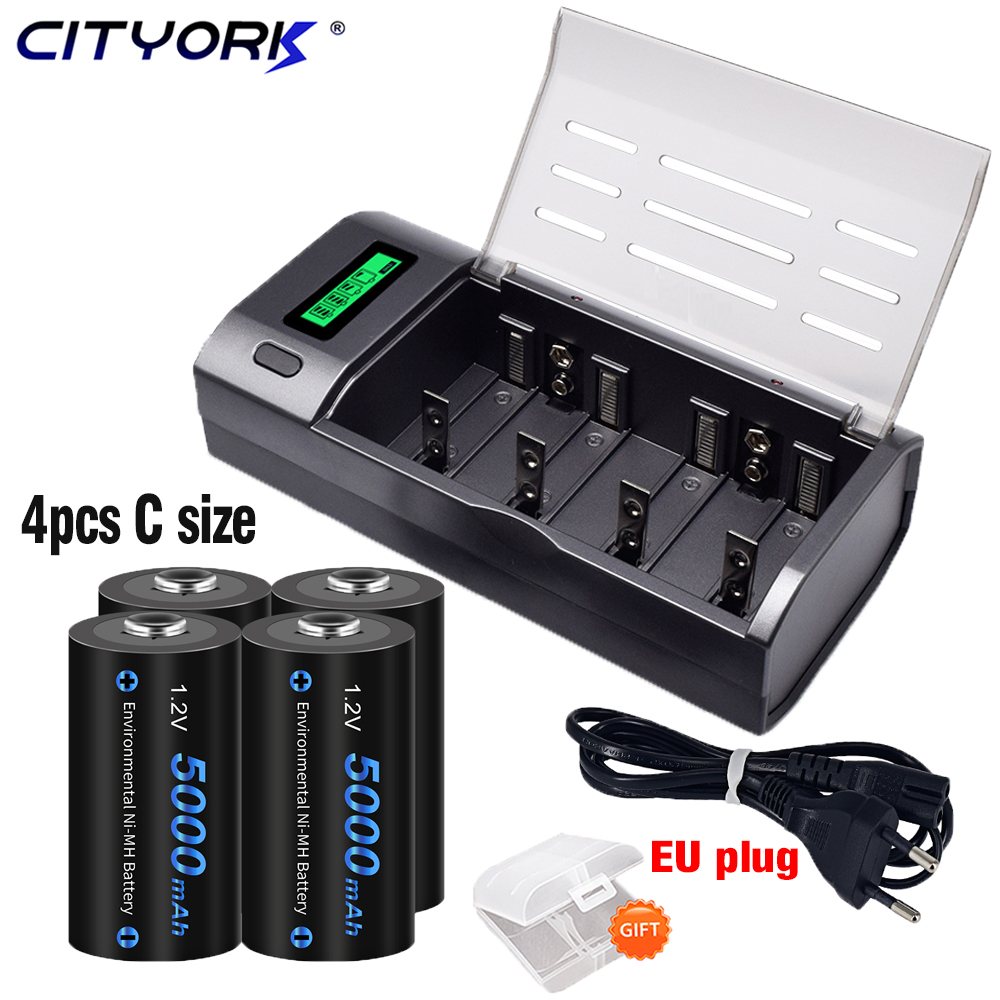 CITYORK Akumulator o rozmiarze 1,2 V C 5000 mAh Akumulator R14 C o dużej pojemności z ładowarką LCD do C D AA AAA 9 V: Złota