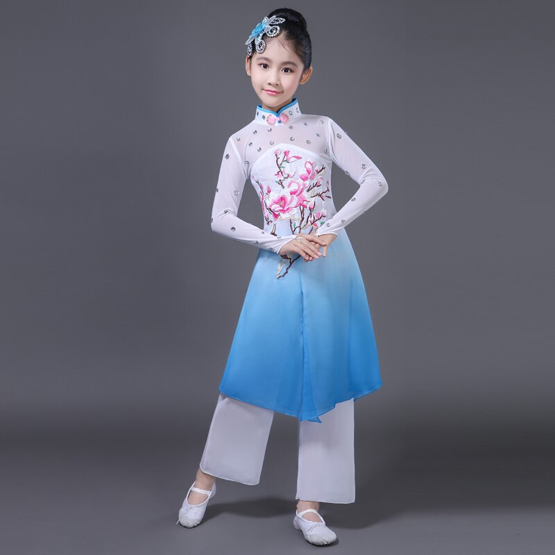 Traditionele chinese volksdans kostuum voor vrouw nationale vrouwen yangge vrouw kleding draak dans kostuums kostuum yangko jurk: Blauw / height 140cm