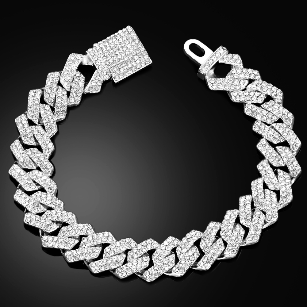 Pulseras de cadena cubana con eslabones helados de 14MM para hombres y mujeres, diamantes de imitación completos, pulsera cubana gruesa de Miami, de joyería Punk Hip Hop