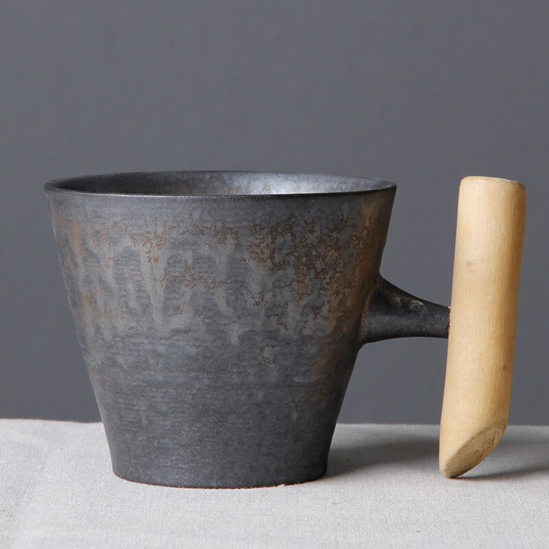 Japansk stil vintage keramisk kaffekrus tumbler rust glasur te mælk øl krus med træhåndtag vand kop hjemmekontor drikkevarer: 02