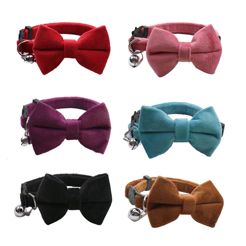 Samt-schleifen-katzenhalsband mit verstellbarem sicherheitsverschluss, einfarbiges katzenhalsband mit glöckchen, haustierzubehör