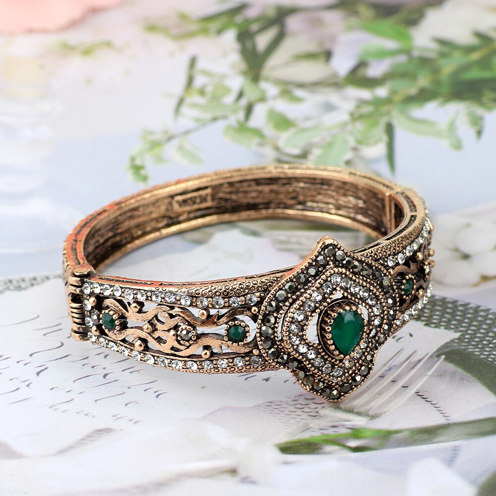 SUNSPICE Frau Jahrgang Armreif Türkische retro Gold Farbe Strass Manschette Armbinde Persien Frauen Ethnische Hochzeit Schmuck: 114Grün