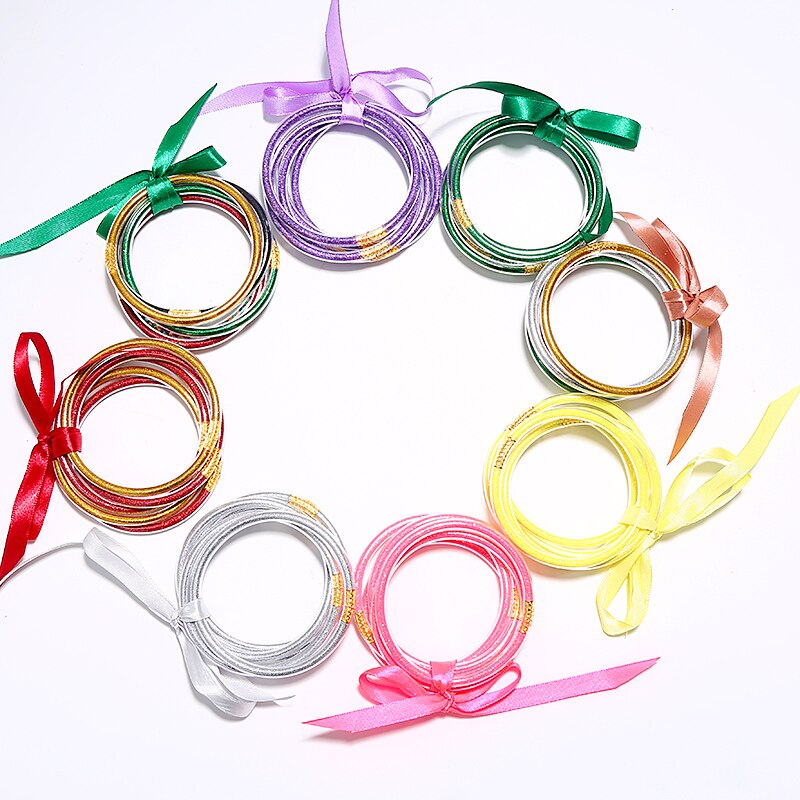 5 PCS/Set Bowknot Gold Silver Color Glitter Bangles Set All Weather Stack Silicone Plastic Glitter Jelly Bracelet