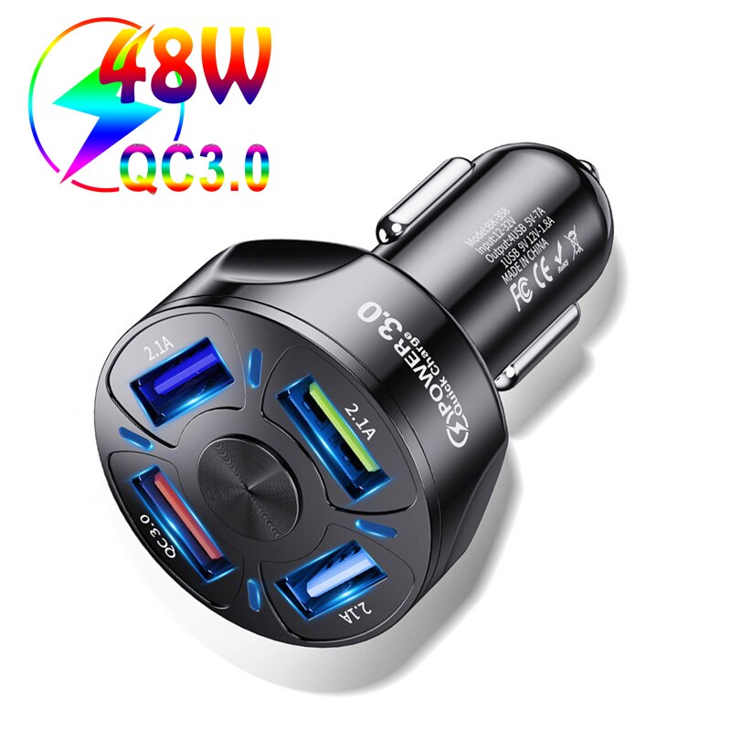 Usb-schnellladegerät 48w, schnellladefunktion  qc 3.0 4.0 kfz-adapter mit 4 anschlüssen für iphone 13 , huawei-mobiltelefone, universelles kfz-ladegerät für xiaomi-handys: Schwarz