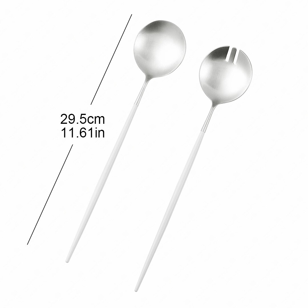 304 Stainless Steel Serving Spoon Set Kitchen Large Salad Spoon Fork Cutlery Set Dinning Server Steel Utensils Salad Scoop Fork: white silver