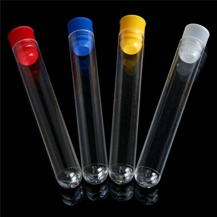 200pcs 12x100mm Clear Plastic reageerbuizen met plastic blauw/rood stopper push cap voor school experimenten en tests