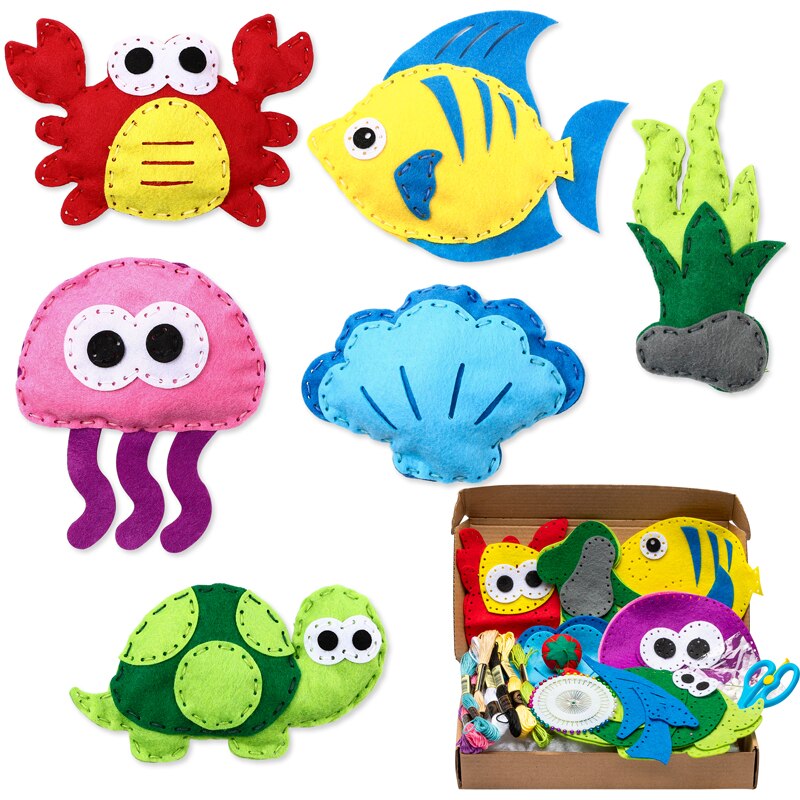6Pcs Sea Animals Sewing Set Make Your Own Seaweed Jellyfish Turtles Crabs Shells Fish Felt Cloth Craft Kit Soft For Children