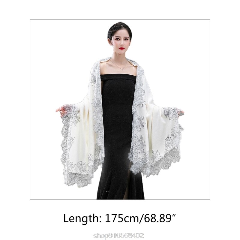 Pashmina-Pañuelo grande para vestido de noche, chal , Floral, con borde de encaje, estola de boda, N19 20,