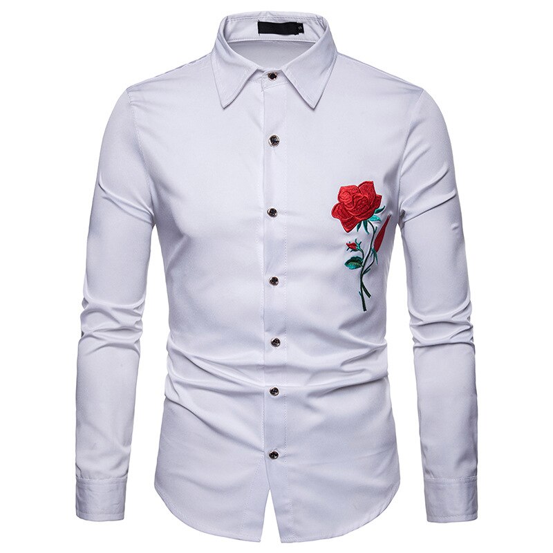 Mens Hipster Red Rose Borduren Shirt Mannen Camisa Masculina Casual Lange Mouwen Slim Chemise Homme Business Camisas Hombre