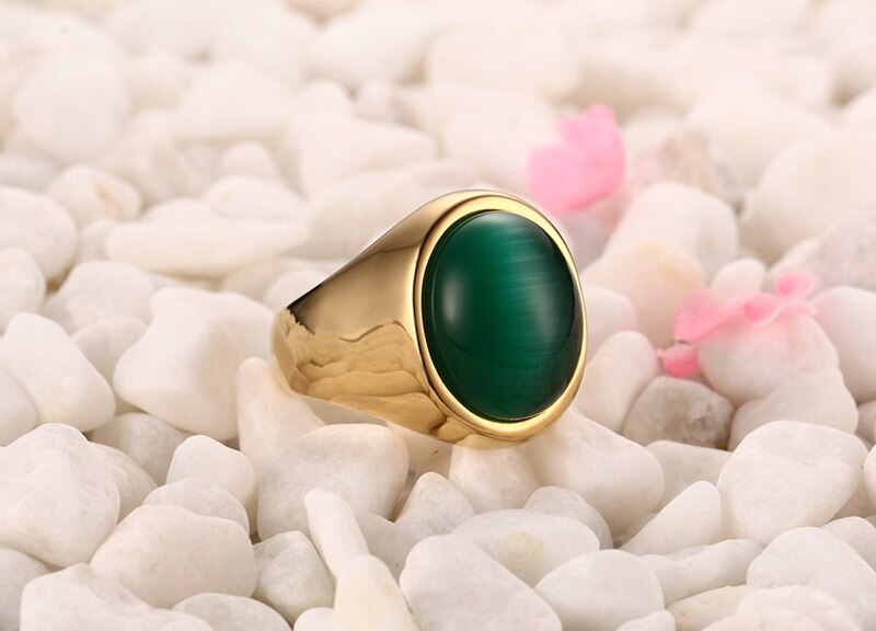 Vnox Mannen Groen Oval Cat 'S Eye Stone Ringen Rvs Gold Kleur Usa Maat