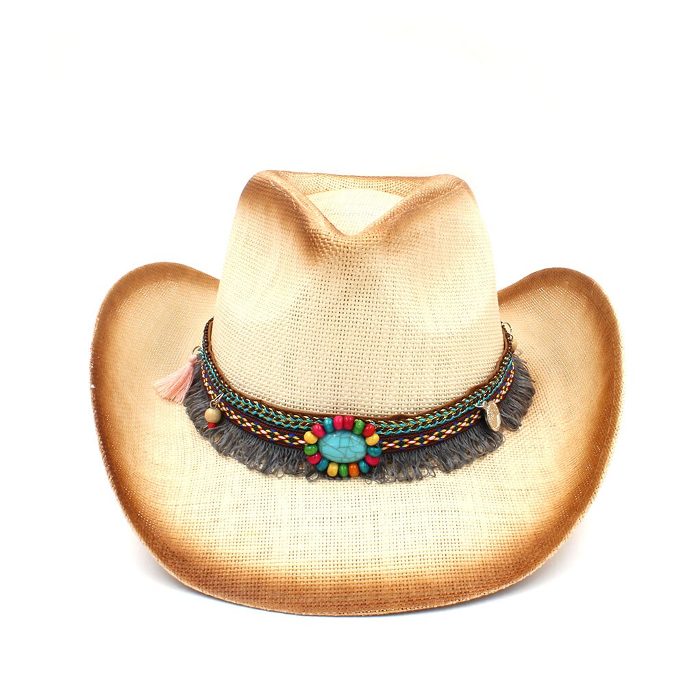 Sombrero vaquero de paja con banda de cuero de para Hombre y mujer, Sombrero occidental, gorros de vaquera, talla 58CM: C4-BCP