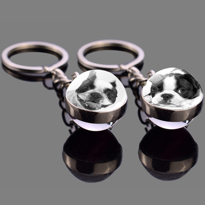 Men's Boston Terrier Keychain Black and White Dog Photo Glass Ball Pendant Keyring Decoration Pendant for Women