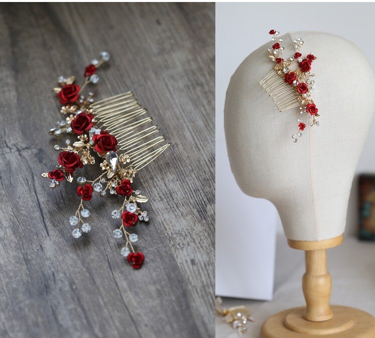 Dower Me Rode Bloemen Bruids Haar Accessoires Hoofdband Goud Bruiloft Haar Kam Accessoires Vrouwen Prom Hoofddeksel Sieraden