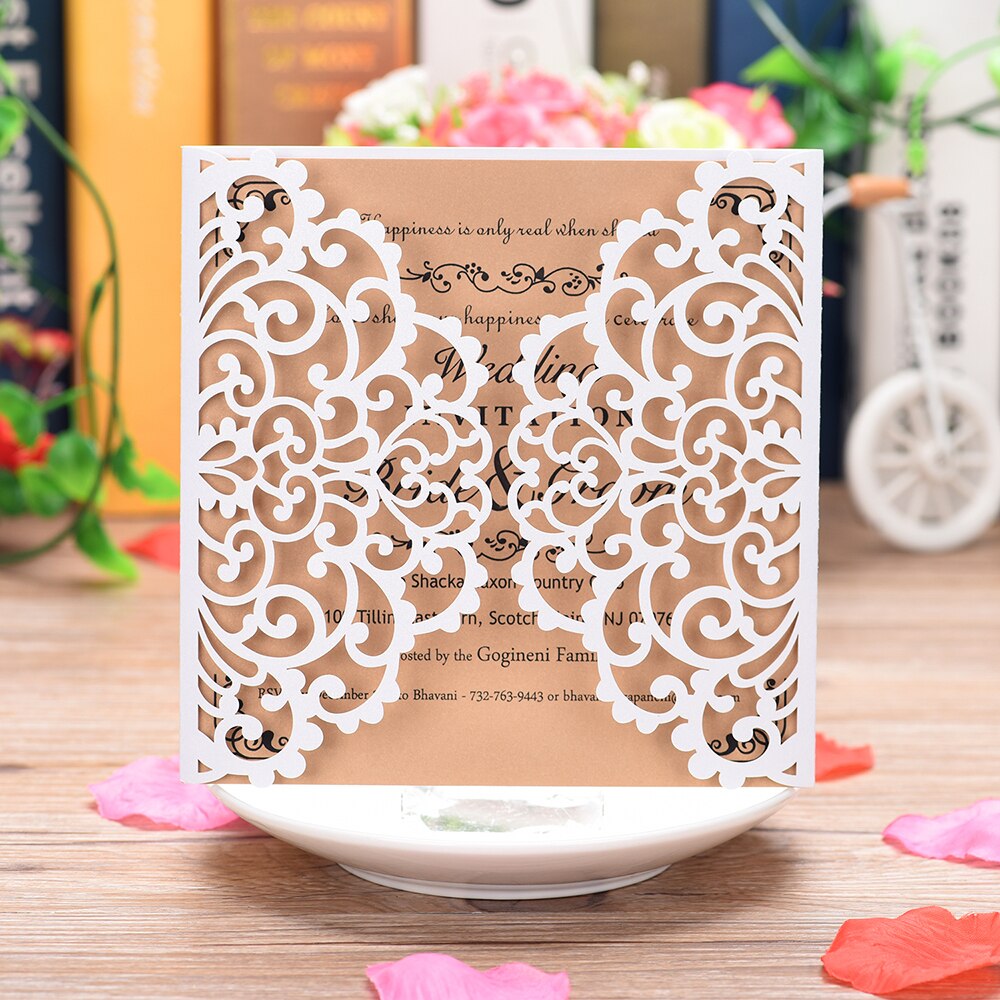 10Pcs Pearl Paper Invitation Cards Delicate Carved Floral Pattern Invitation Cards For Wedding Engagement Bridal Shower: White inner sheet