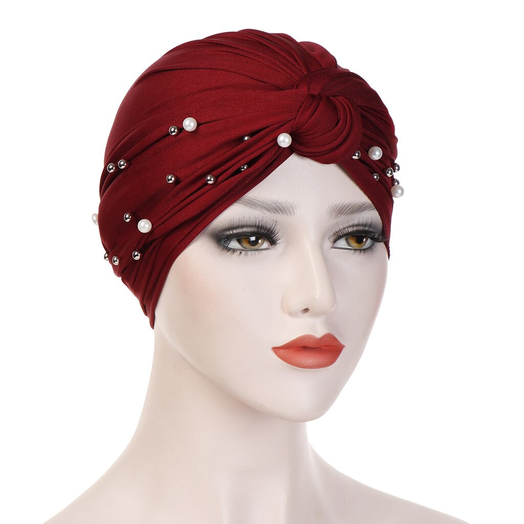 Turbante musulmán de ante para mujer, gorro con perlas de terciopelo, turbante indio, diadema para invierno: Burgundy