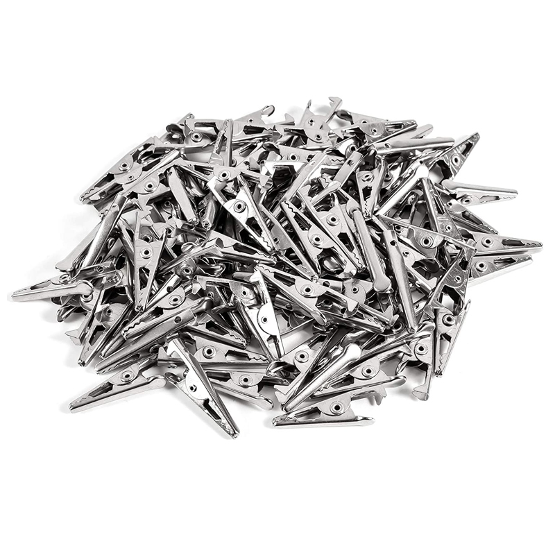 100PCS 1.06IN / 27mm Mini Metal Alligator Clips, Crocodile Clamps Silver Tone Nickel Plated Test Line Spring Clamps.