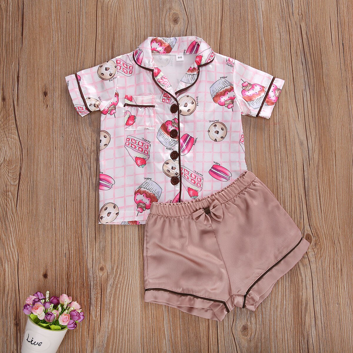 Summer Girls Printed Short-sleeved Pajamas Set Cute Cookie Pattern Comfy Cotton Sleepwear Unisex Infant Solid Color Clothing