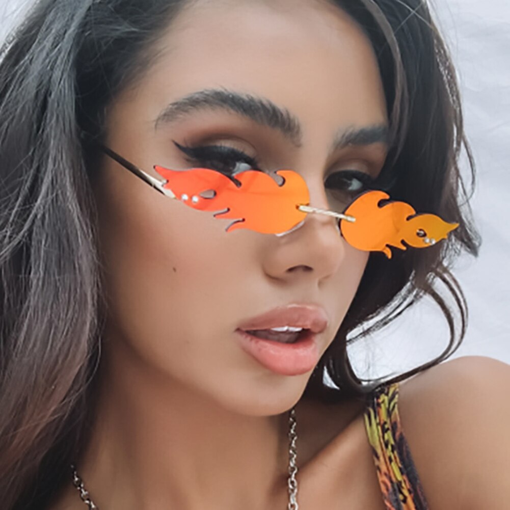 Palo liekki aurinkolasit naiset miehet brändi rimless aalto silmälasit ylellisyys trendit kapeat aurinkolasit streetwear