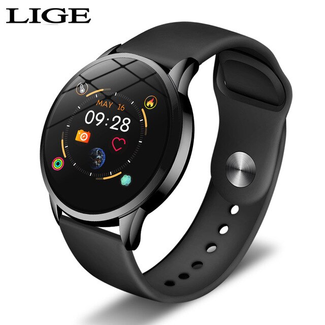 LIGE-reloj inteligente de lujo para mujer, deportivo, resistente al agua, con control del ritmo cardíaco y de la presión sanguínea, podómetro para Android e ios: full black