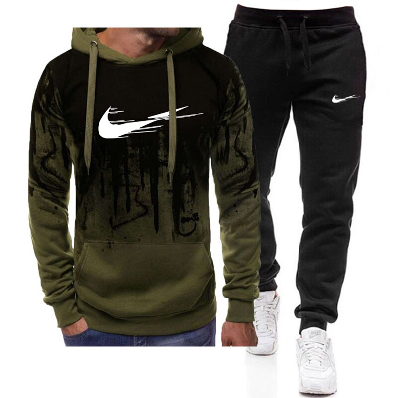 2 -delige heren sportkledingsets herfst/winter dikke heren casual trainingspak met capuchon, 2- delige sweatshirt + joggingbroekset: Groente / Xxl