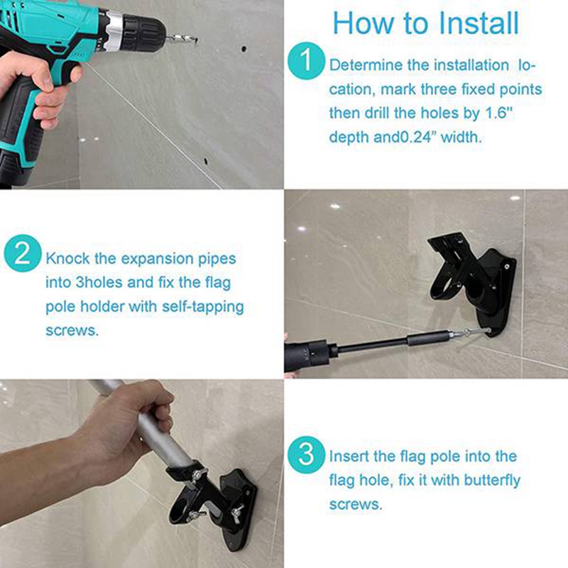 Support Drapeau 3 Compartiments – Fixation Murale Métal Galvanisé 45° – Tube Ø23 Mm Intérieur