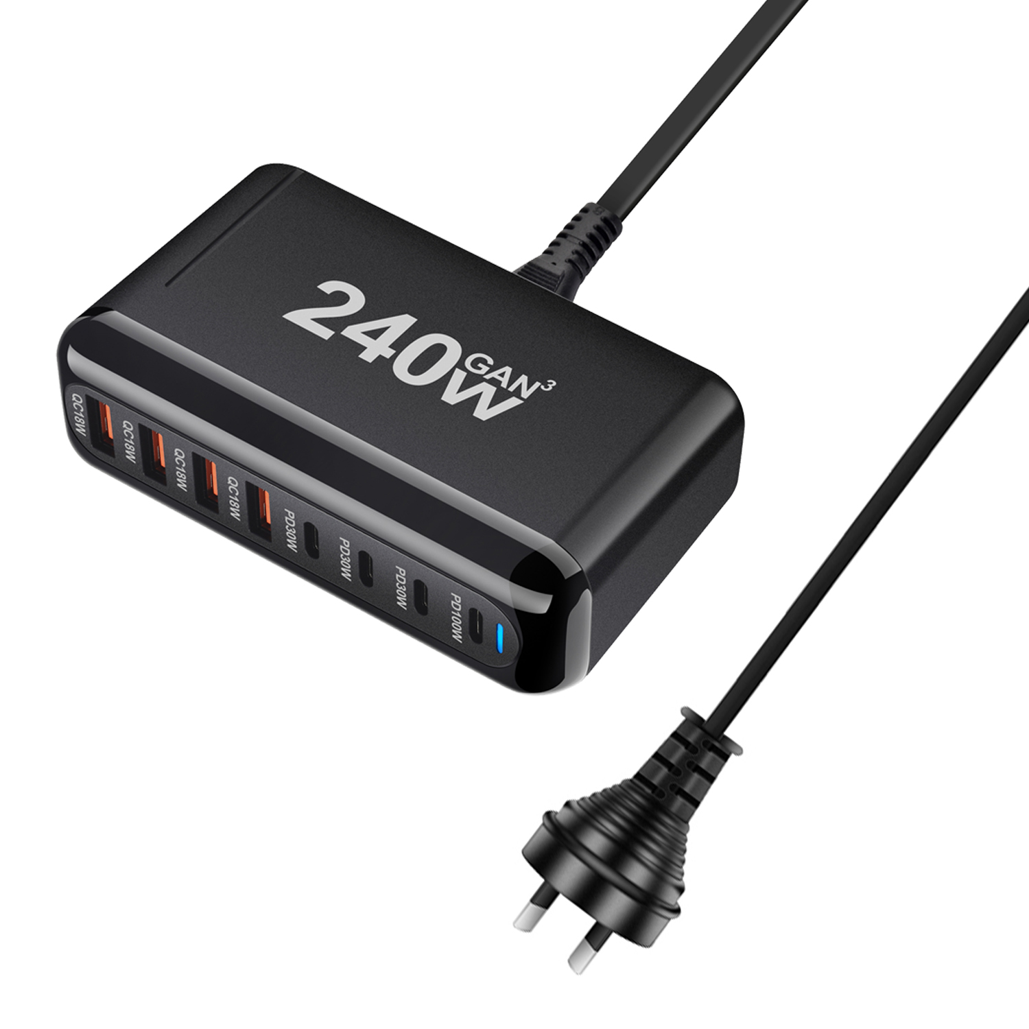 240W Desktop GaN-oplader 8-poorts USB Type C PD-oplader Snel opladen 3.0 USB Type C snellader Mobiele USB-oplader: Br