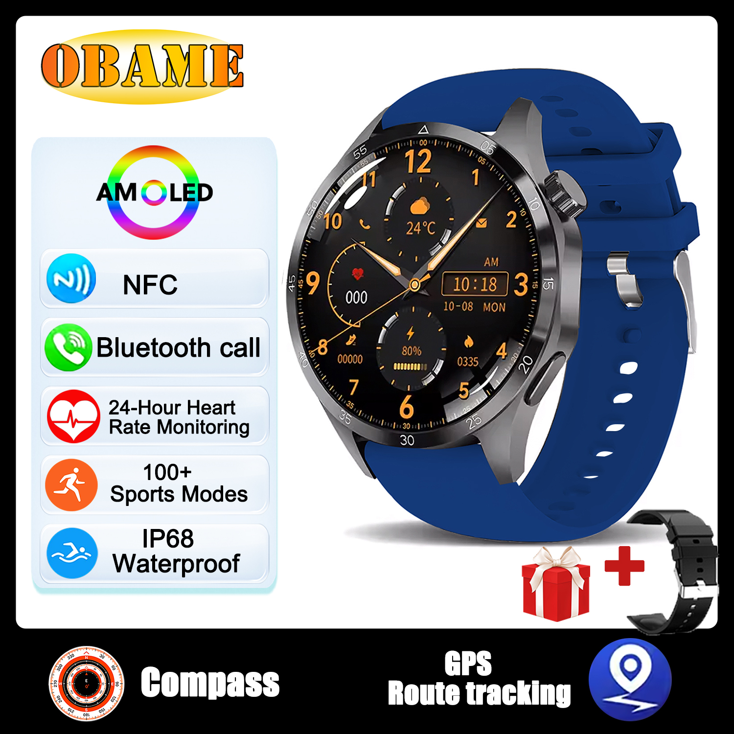 reloj inteligente clásico con GPS, pantalla AMOLED Ultra HD de 1,6 pulgadas, GPS incorporado, llamada BT, NFC, IP68, reloj inteligente resistente al agua para Android IOS: Verde