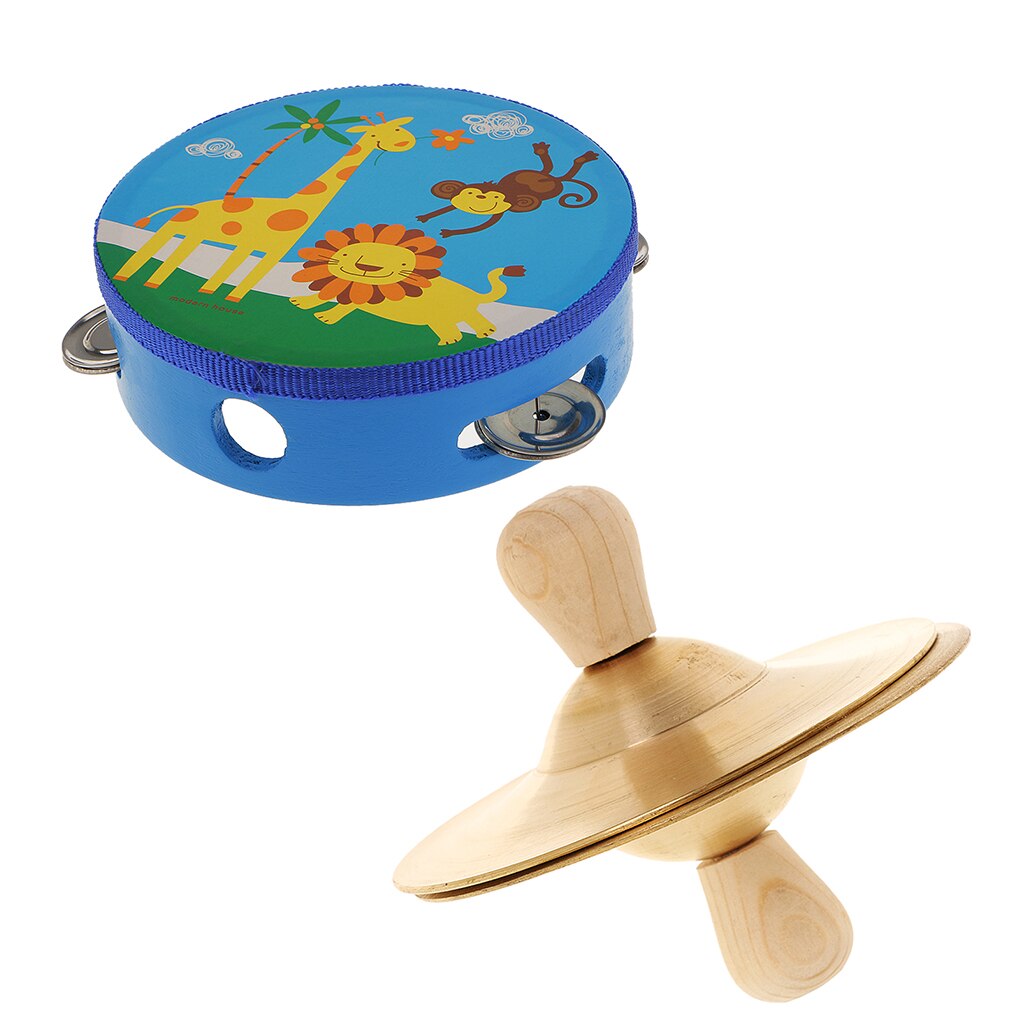 Pandereta de 6 pulgadas, cabezal de tambor de madera con par de platillos Gong, juguete de aprendizaje musical para niños