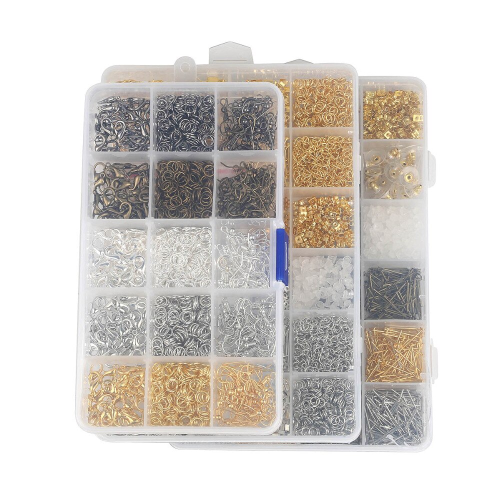 1 boîte 15/24 grille bijoux à bricoler soi-même matériaux de fabrication anneaux/homard fermoir/crochet/Torus/aiguille/Clip/bouchons d'oreilles faisant boîte perles Kit