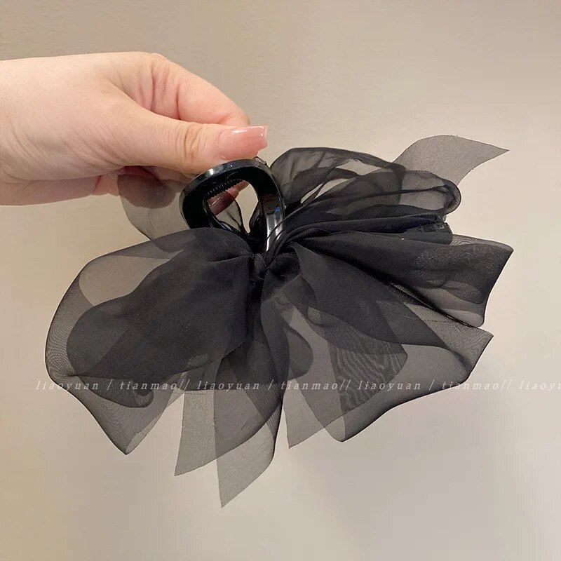 Clip de agarre de lazo grande de tul de malla de Retro femenino hilo de red cola de caballo trenza garra Clip accesorios para el cabello tocado de: Negro