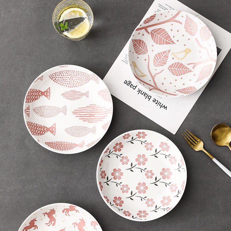 7 inch Ceramic Deep Plate Japanese Style Relief Plat Seramik Steak Dishes Flat Deep Plate Breakfast Dish Household Tableware