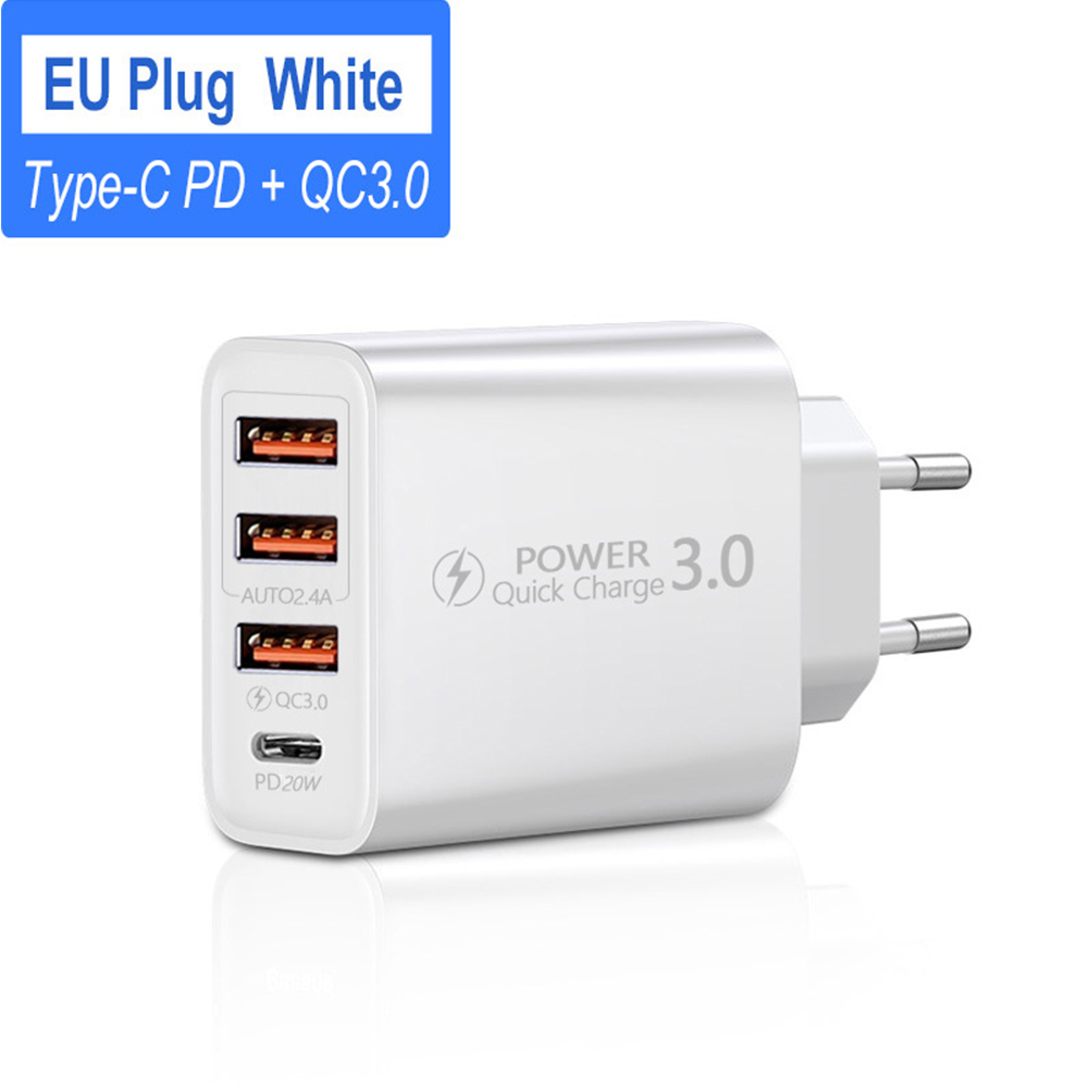20W PD 4 Ports USB 5V4A Charge Power Adapter Mobile Phone Charger QC3.0 Charging EU/US Plug Outlet Travel Charger 110V 220V: WHITE / EU