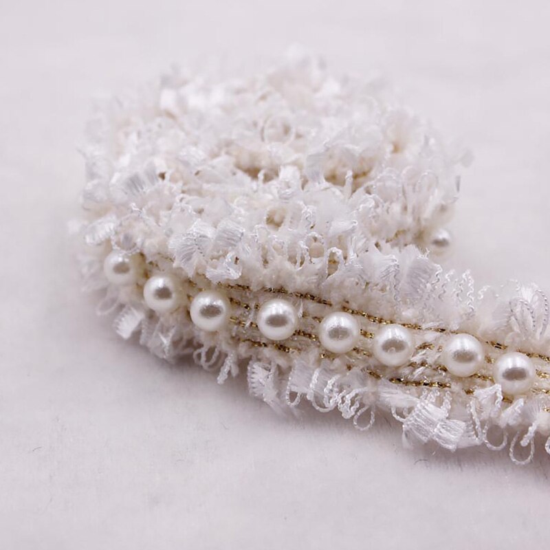 1 yard / lot vintage nylon guldperleperlet broderet blonder bånd trim stof håndlavet diy kostume kjole sy forsyninger håndværk: Hvid