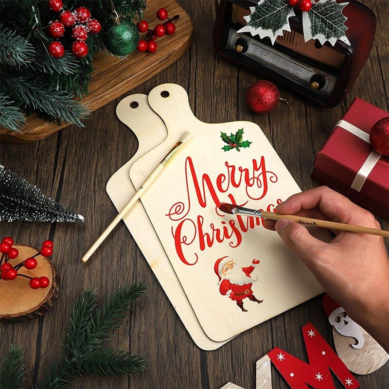 6 Pieces Christmas Mini Wooden Cutting Board With Handle Unfinished Wood Paddle Rectangle Chopping Board Tray Cutouts