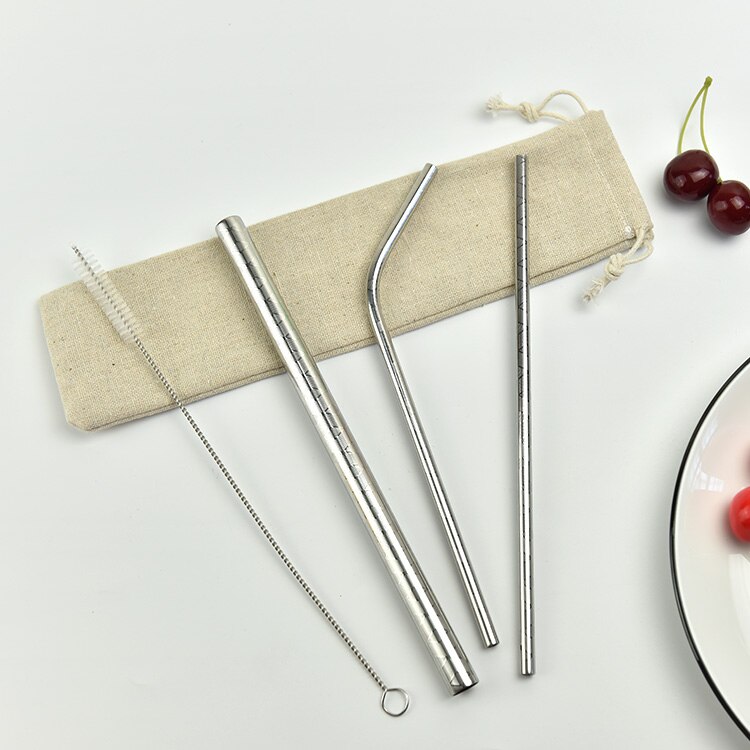 Reusable Metal Drinking Straw 304 Stainless Steel Colorful Straws Bent Straw Set With Cleaner Brush Bar Party Accessory: silver