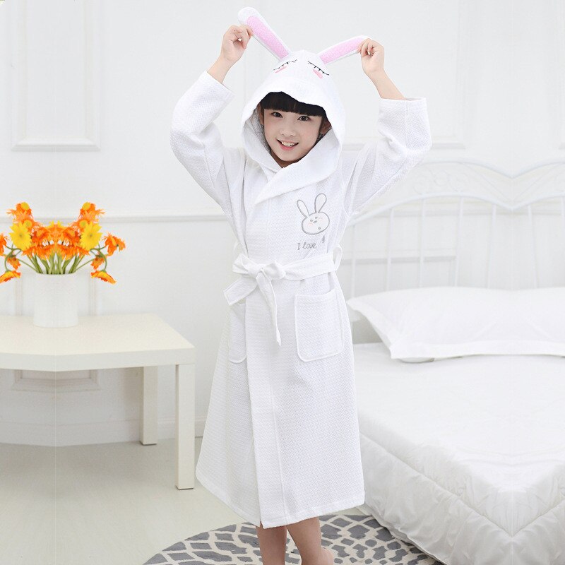 4 Color Girl Summer Cotton Bathrobe Waffle Hooded Children Robe Boys Dressing Gown Kids Roupao After Spa Bath Swimming L173