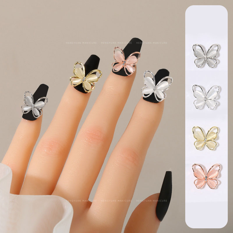10Pcs Siver White Crystal Butterfly Nail Charms 3D Hollow Cat's Eye Alloy Zircon Nail Gems Luxury Diamond Butterfly Nail Charms