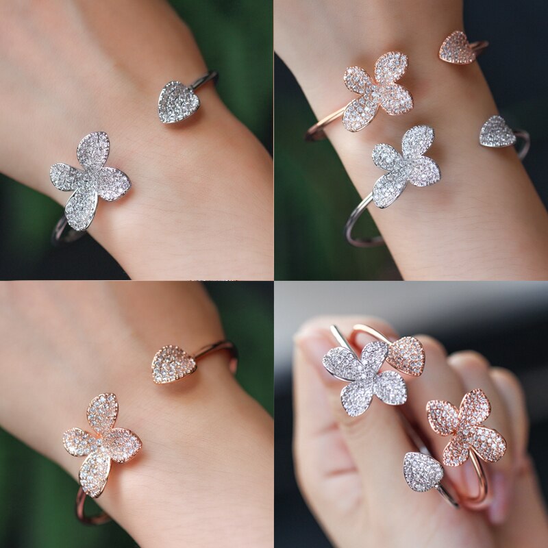 CWWZircons Famous Brand Jewelry Flower and Leaf Silver Color Micro Pave Cubic Zirconia Adjustable Bangle Bracelet BG014