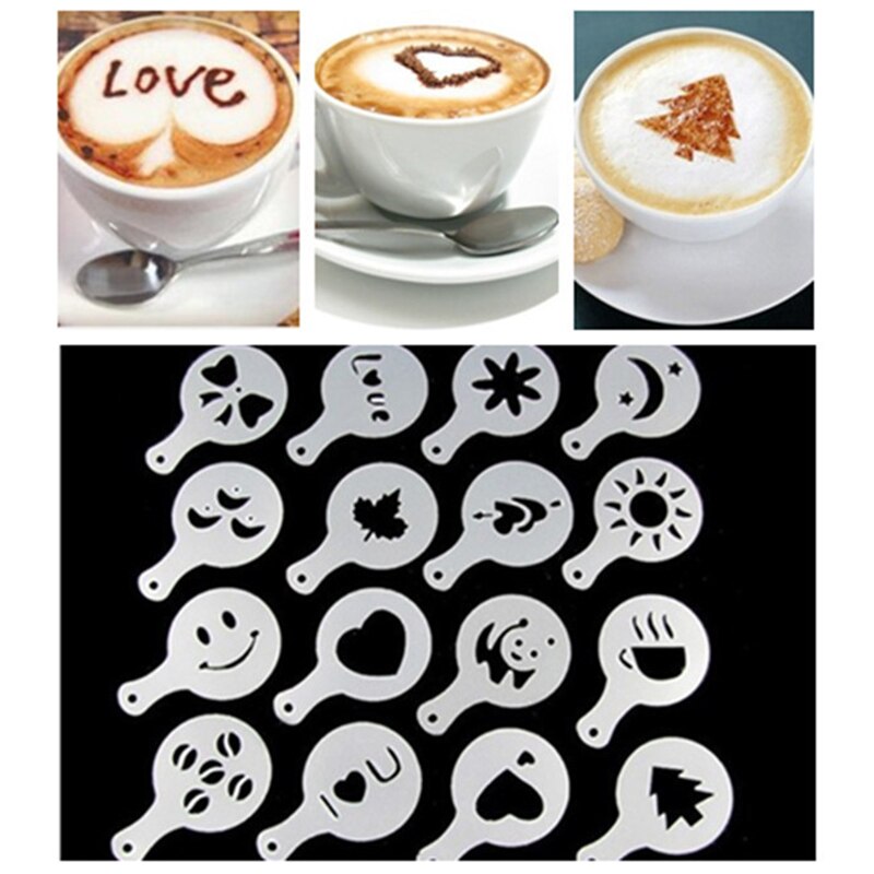 16Pcs Koffie Latte Cappuccino Barista Art Stencils Cake Stofdoek Sjablonen Koffie Gereedschap Accessoires Koffie Stencils Coffeeware