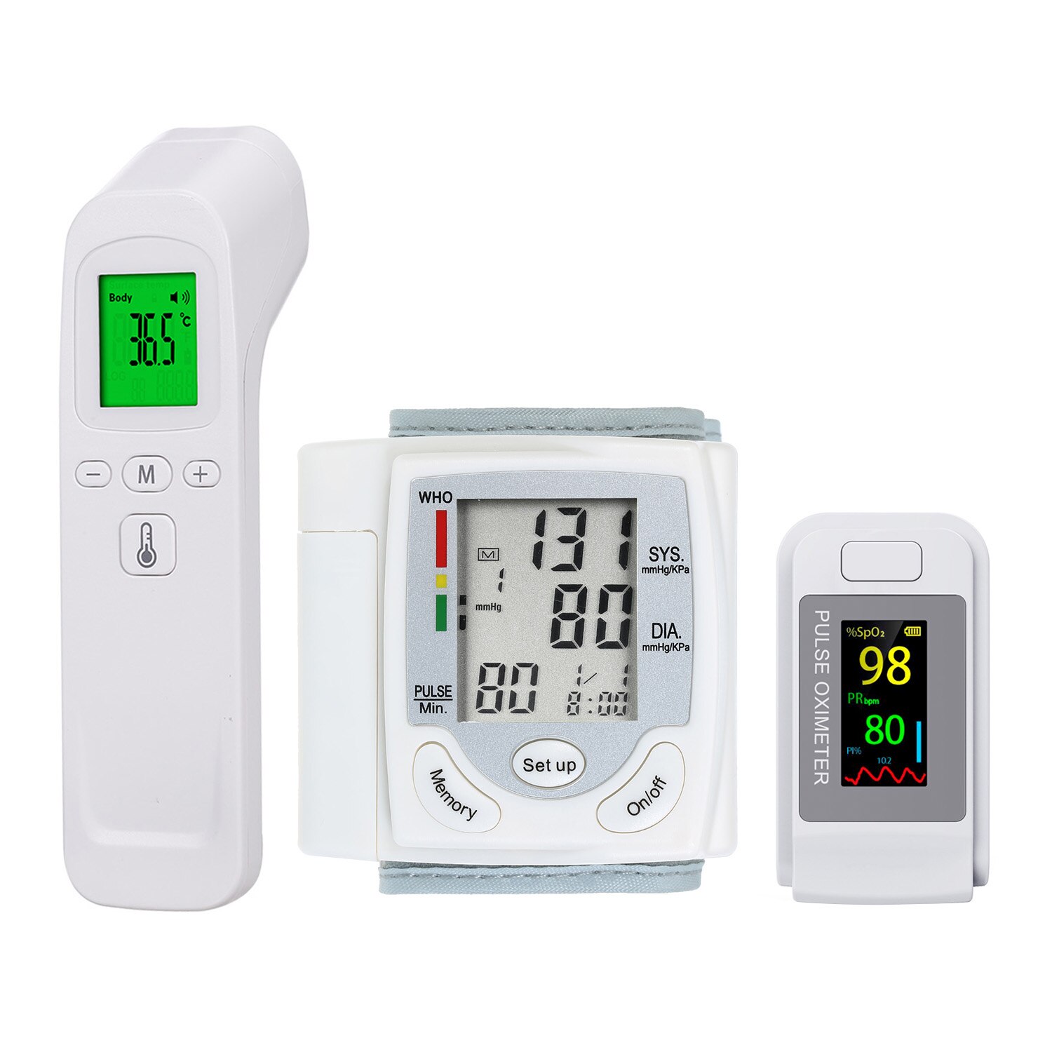 Wrist Blood Pressure Monitor LCD Display Tonometer + Finger Oximetry spo2 Finger Clip Heart Rate Monitor + Digital Thermometer: 01