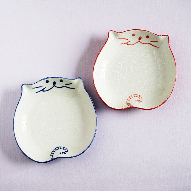 2pcs Cute Cat Spoon Plates Ceramic Tableware Home Simple Dishes Japanese Style Rice Bowls Plates Porcelain Bowls Spoon: Red
