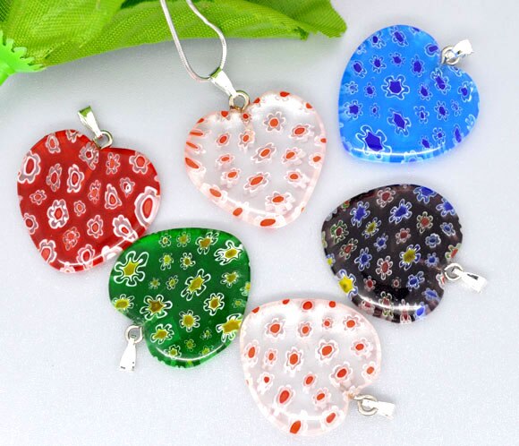 Mooie 10 Gemengde Millefiori Glas Lampwork Heart Charm Hangers (B08434)