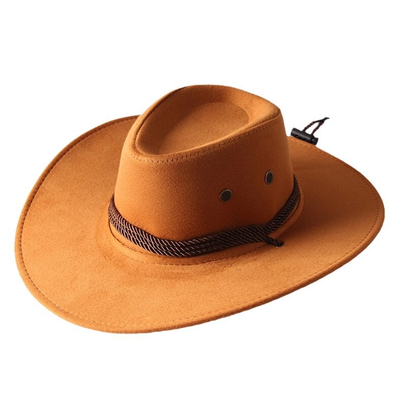 Unisex Western Cowboy Hat with Rope Men Women Retro Wide Brim Trendy Solid Color Jazz Hat Windproof Outdoor Sun Protection Cap: YELLOW