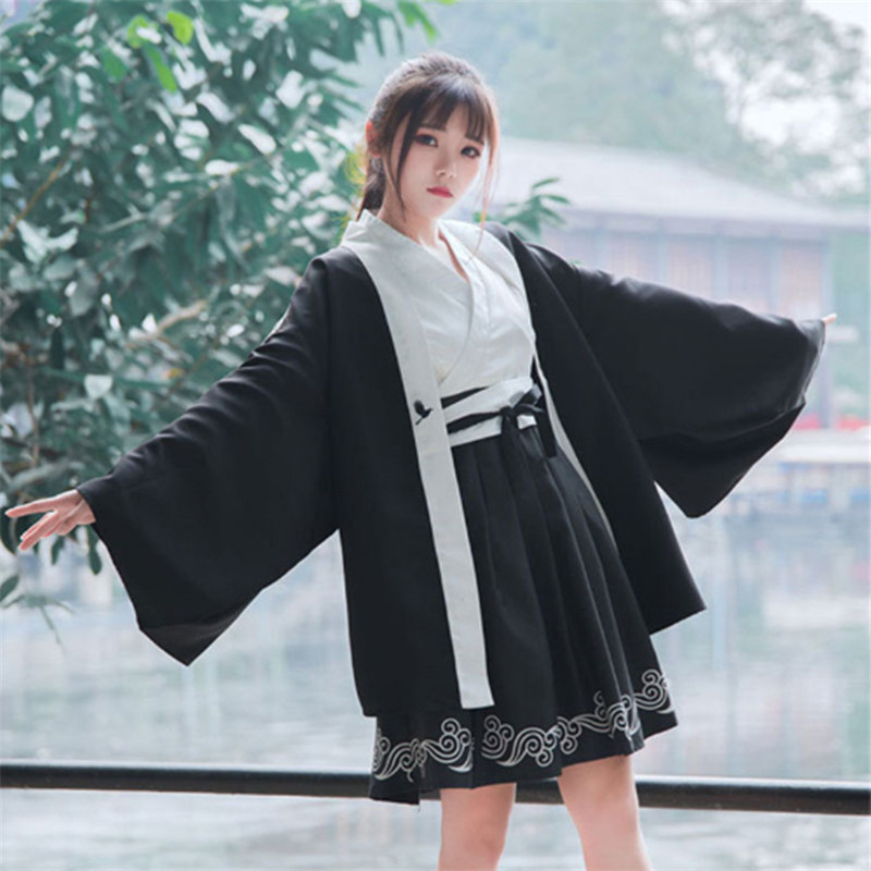 Bushido japonés-vestido de 2 piezas para mujer, abrigo y Vestido de manga larga con puño grande, bata de chica japonesa, estampado de grulla, blanco y negro