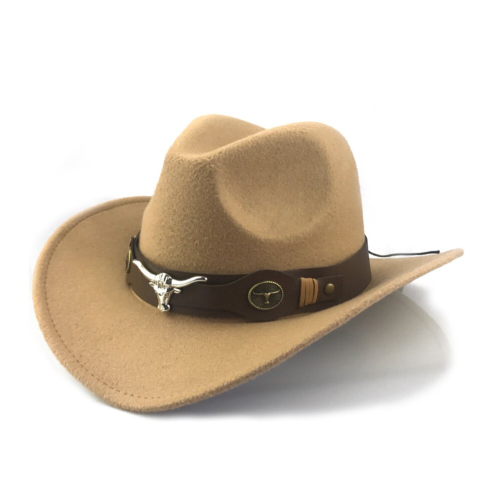 YY Bull Cowboy Cap for Men Autumn Winter Fedora Hats Retro Western Cowgirl Cap With Wide PU Leather Belt YY20074: Camel Bull Cowboy