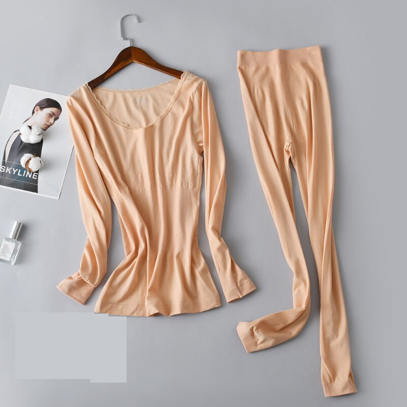 Autumn Lace Long Johns For Women Set Winter O-Neck Sexy Elastic Seamless Women's Thermal Underwear Female Second Skin: Apricot