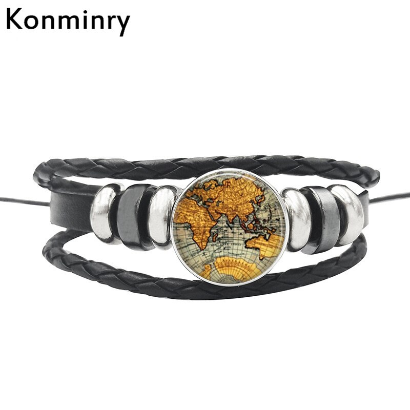 Vintage World Map Globe Leather Rope Bracelet Glass Dome Buttons Africa Bangle For Women Men Jewelry: 13
