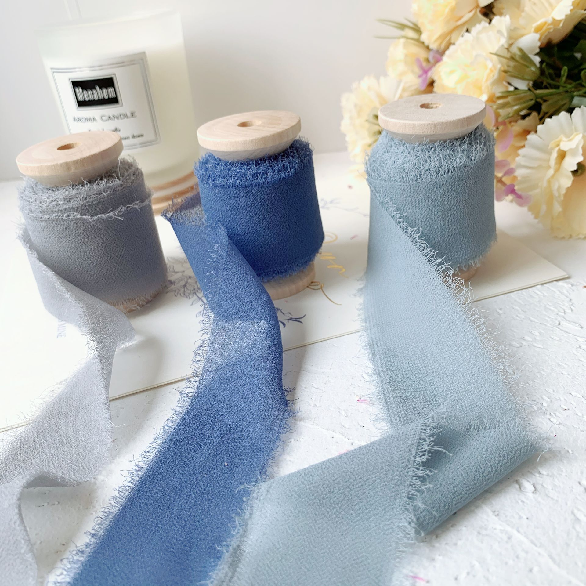 3 Rollen/Set Roll Ins Stijl Handgemaakte Chiffon Verzwakte Randen Zijden Lint Bruiloft Boeket Streamers Fotografie Styling, cadeaupapier: set 5